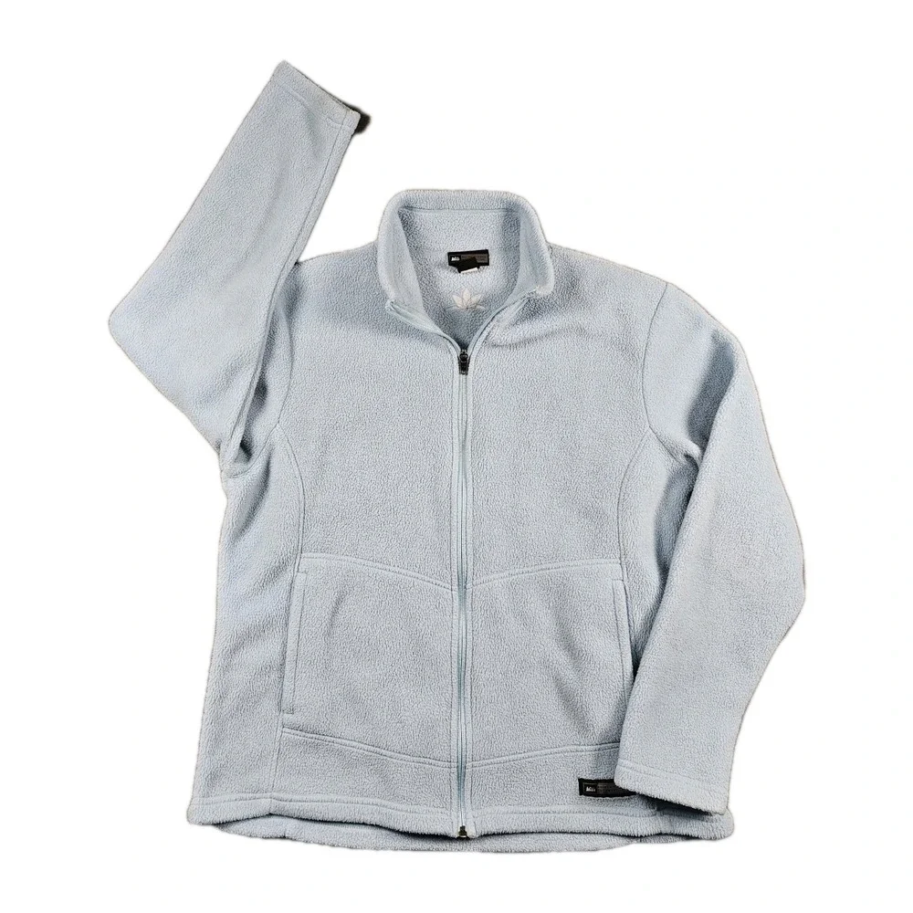 REI Womens Full‎ Zip Fleece Jacket Light Blue Soft Outdoor Hiking